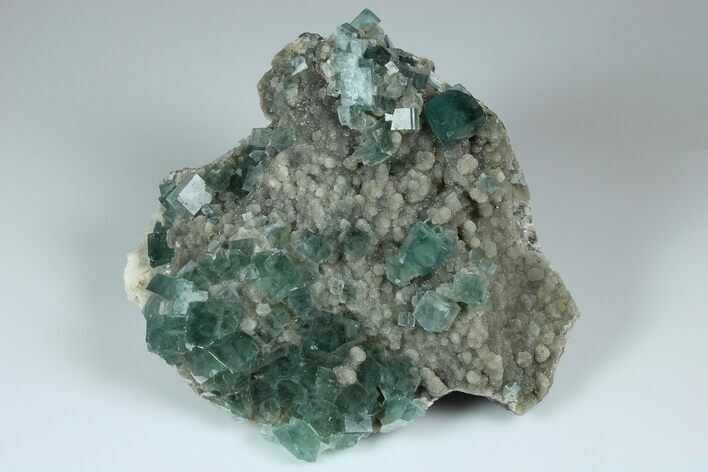 Cubic, Blue-Green Fluorite Crystals on Druzy Quartz - Fluorescent #185456